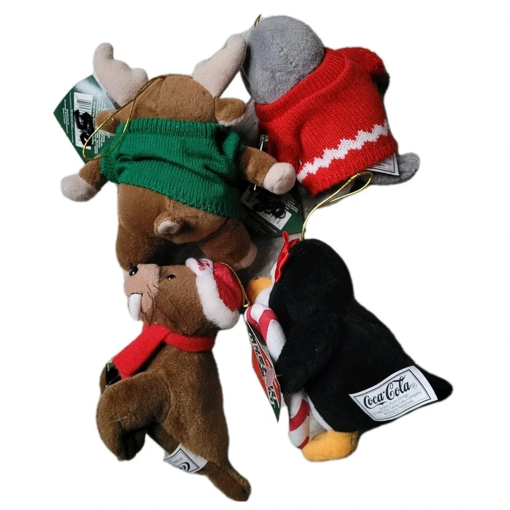 Lot of 4 Vintage Coca-Cola Plush Bean Bag Ornament Penguin Seal Walrus Moose NWT